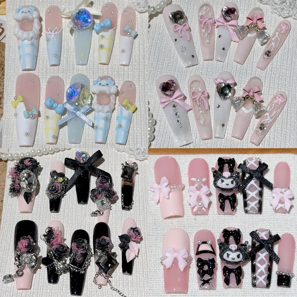 

10Pcs Sweet Cool Long Coffin Stiletto False Nails Cartoon 3D Kuromi Cinnamoroll Bow Flowers Pearl Rhinestone Wearable Fake Nail