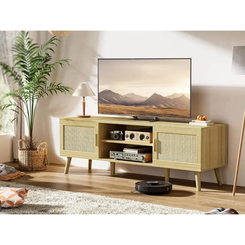 Boho TV Stand for 65 Inch TV , Media Console, Solid Wood Feet, 4 Cord Holes, for Living Room - Natural