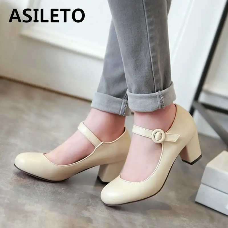 

ASILETO block High Heels beige Wedding shoes for bride strap Pumps women mary janes stiletto large size 43 dress footwear S309