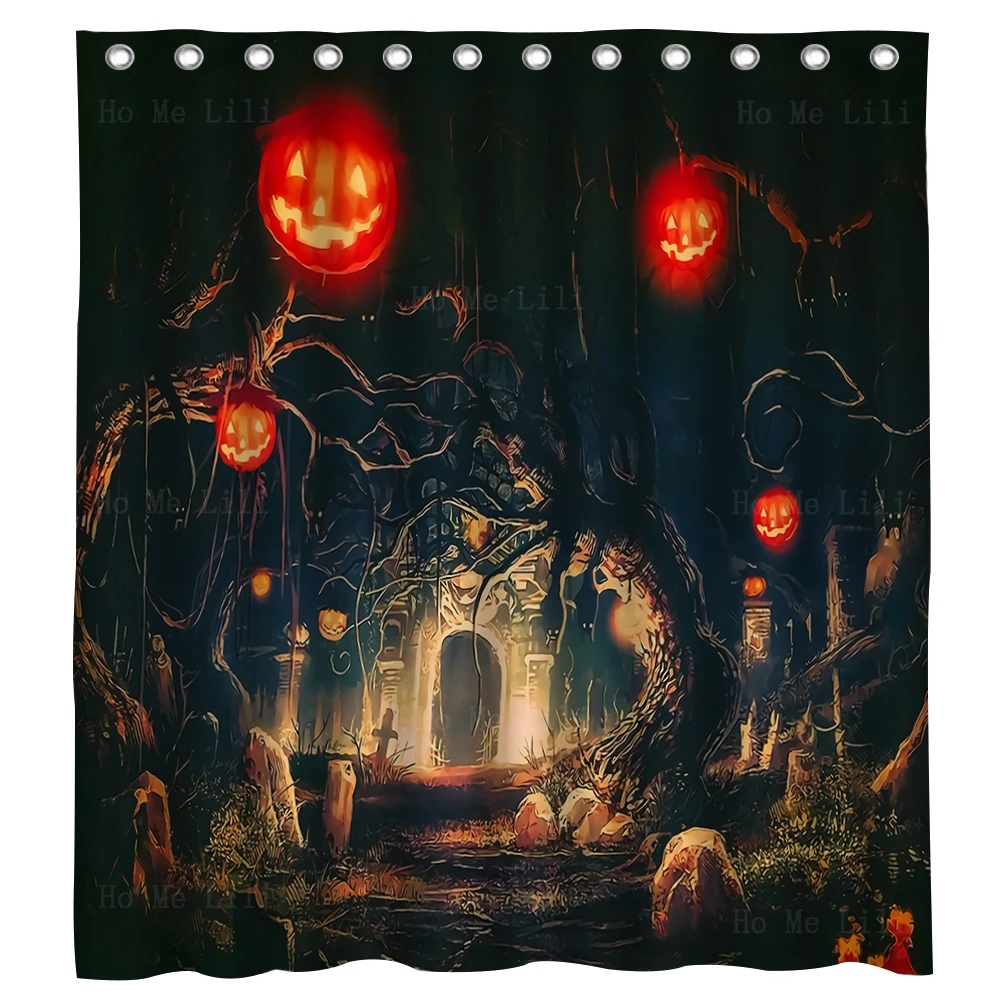 Creepy Graveyard Party Halloween Jack-o'-lantern Black Cat With Bat Witch Hat Shower Curtain By Ho Me Lili For Bathroom Decor