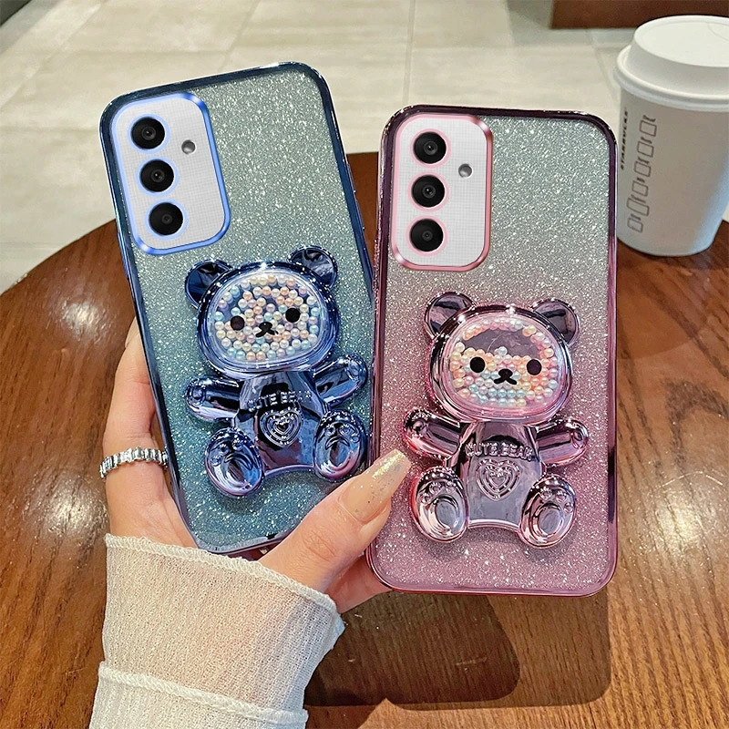 A 15 25 35 55 Glitter Bright Plating Bear Holder Case For Samsung Galaxy A15 A25 A35 A55 A14 A24 A34 A54 5g Silicone Stand Cover