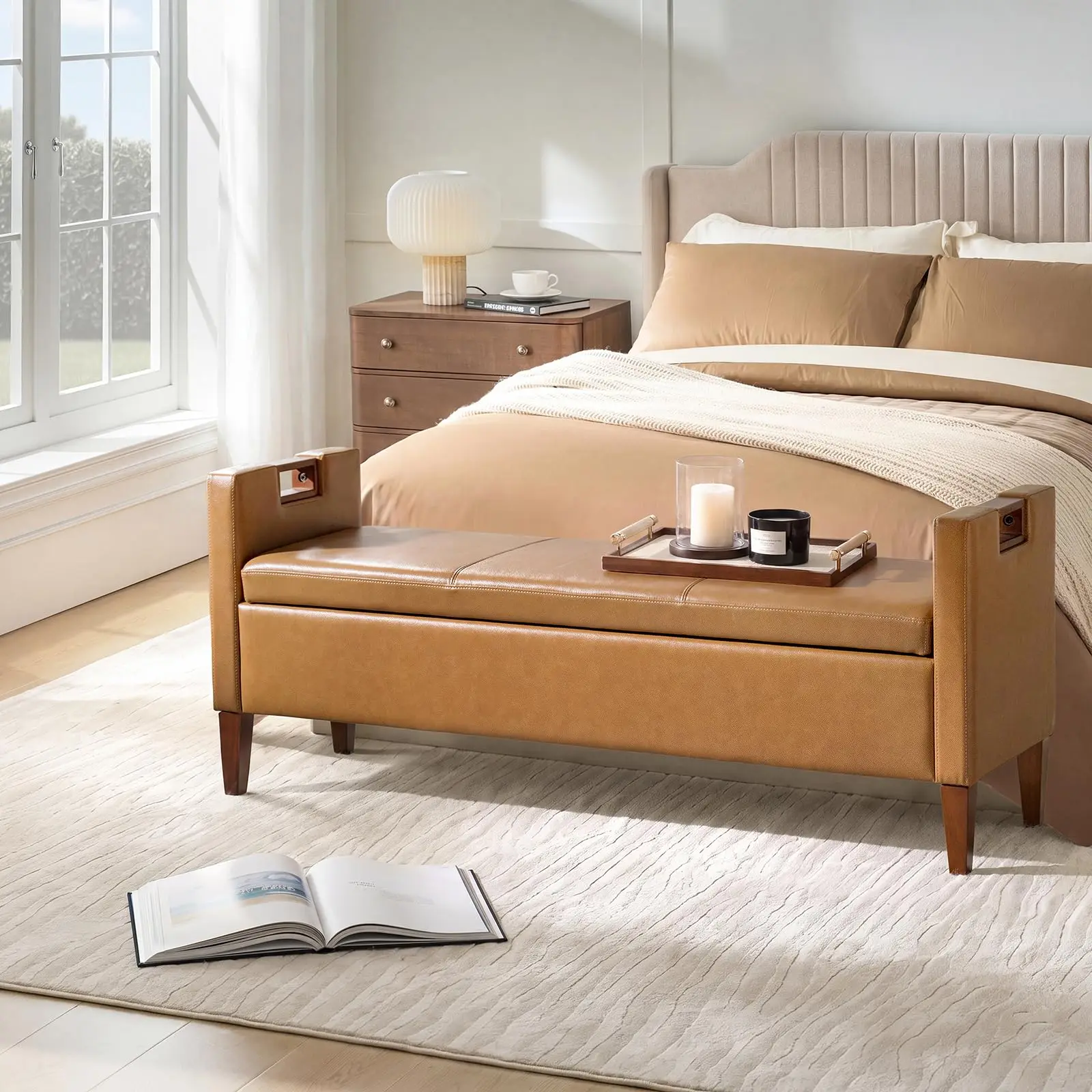 Genuine Leather Storage Bench with Solid Wood Legs, Camel