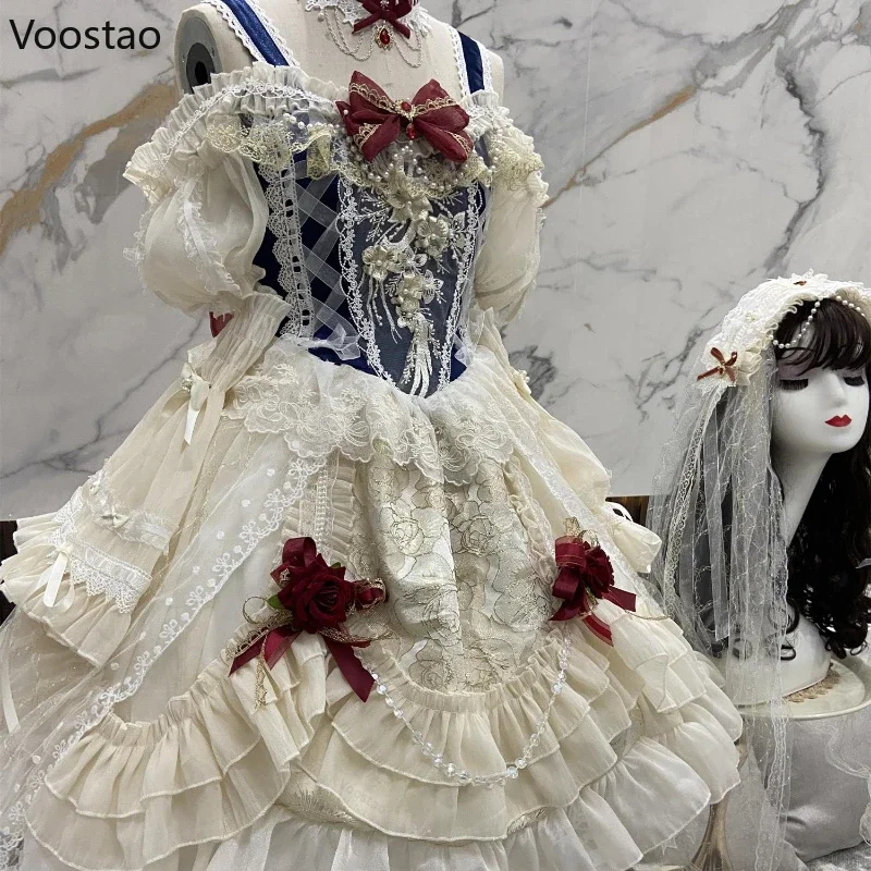 Japońska słodka sukienka księżniczki Lolita kobiety elegancka kokardka w stylu vintage Off ramię koronkowa siatka perłowa suknie wieczorowe ubrania Lolita