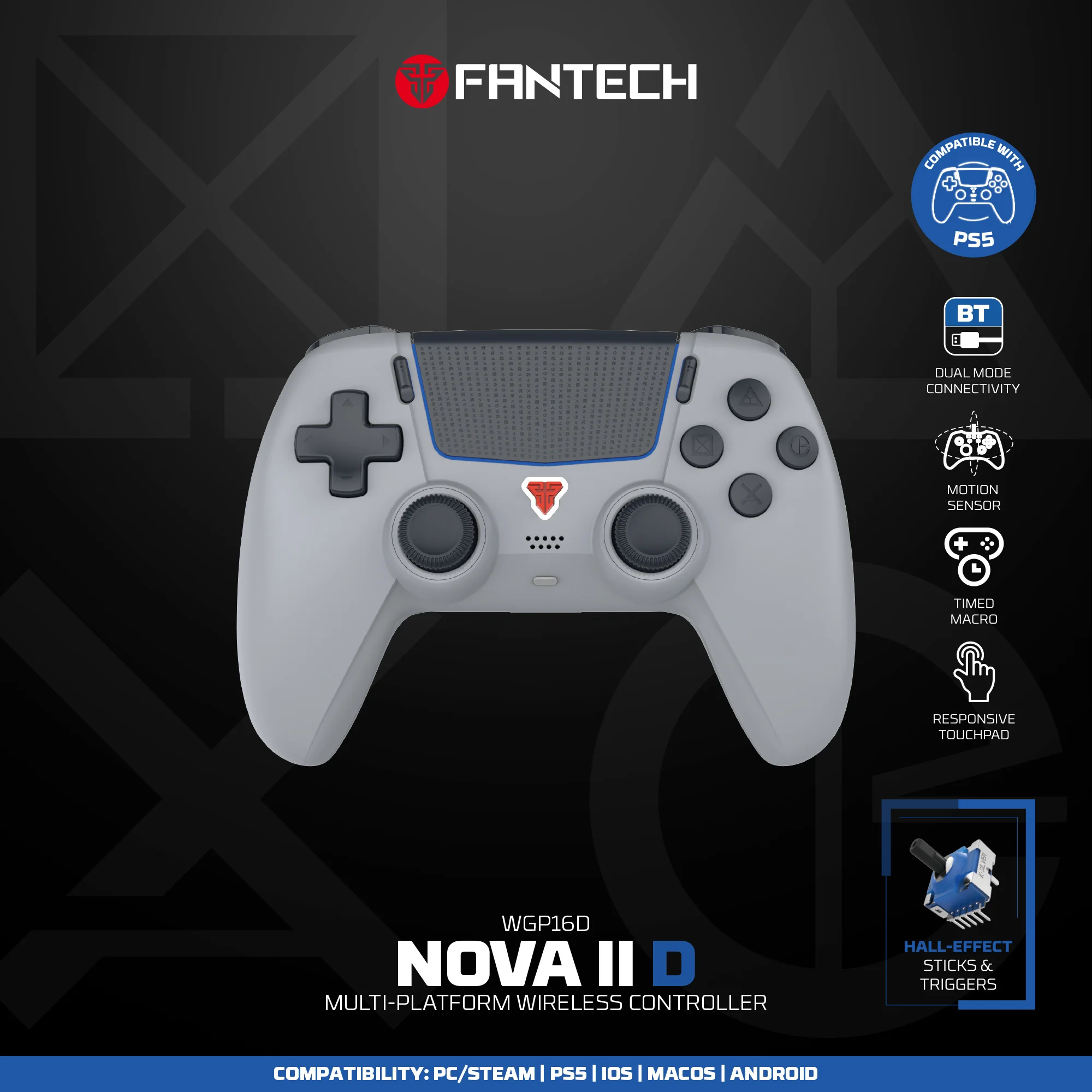 FANTECH NOVA IID WGP16D BT Draadloze Gaming Controller voor PS5/PC/iOS/Android Gamepad met Turbo Dual Sense Vibratie Hall Joystick