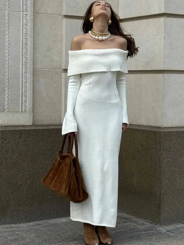 MCDV Abito sexy in maglia con spalle scoperte Abito lungo aderente a maniche lunghe con spacco 2025 Abiti lunghi da festa eleganti autunnali