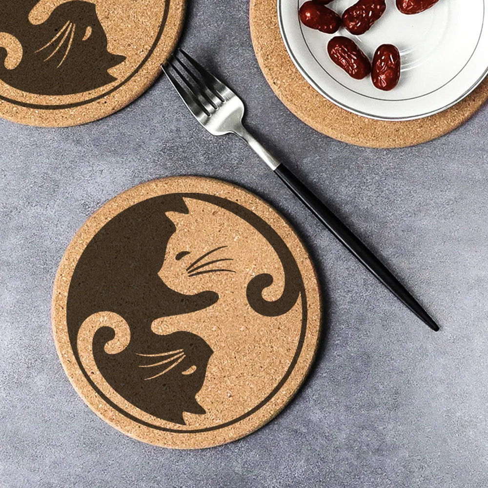 2Pcs New Engraved Cat Round Cork Pot Mat Heat Resistant Pans Bowl Cup Placemats  Coasters Tableware Pad Kitchen Decor Gadget
