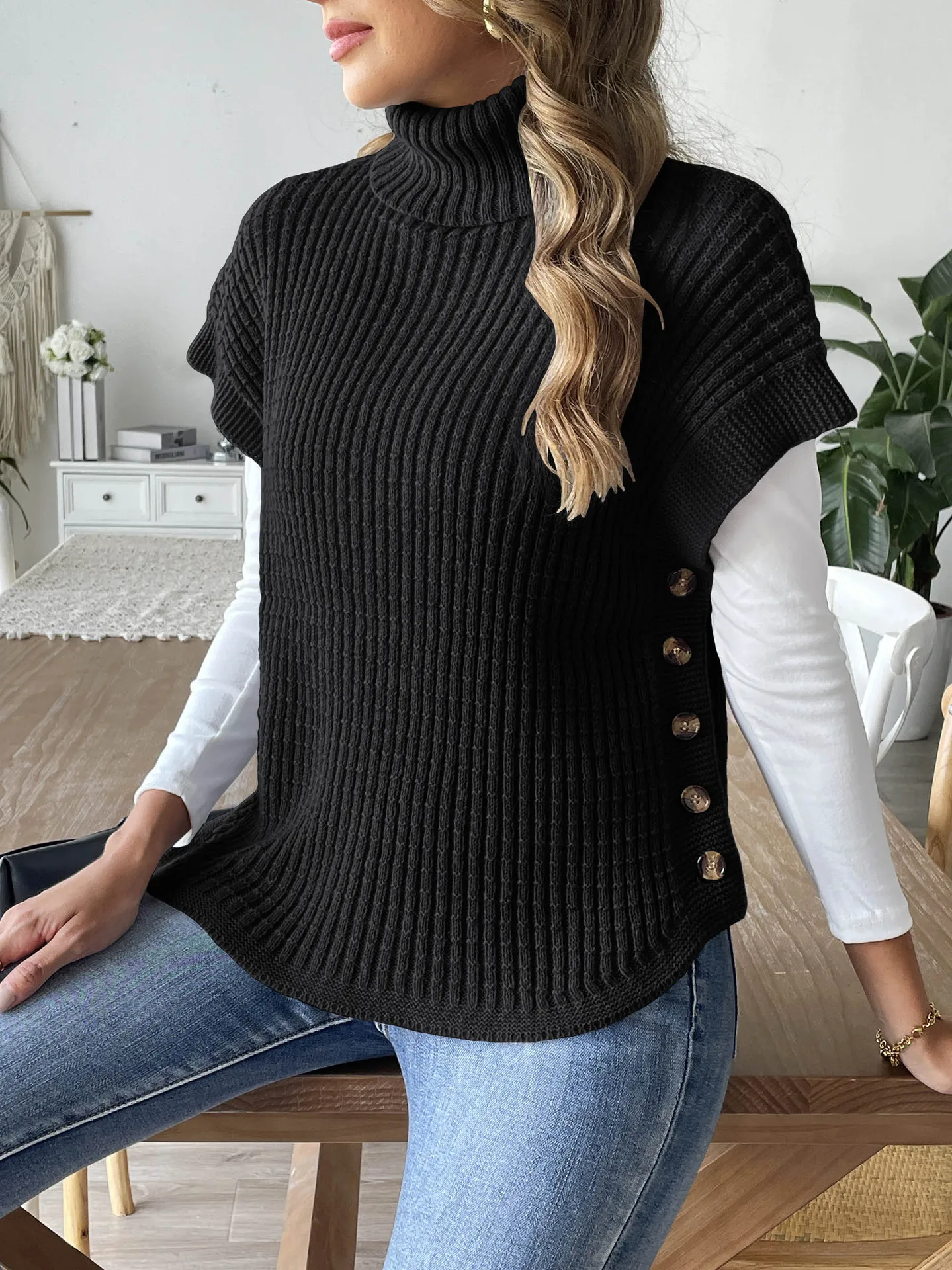 Womens Sleeveless Sweater Vest Black Turtleneck Ribbed Knit Fabric Side Button Embellishments Stylish Vest f