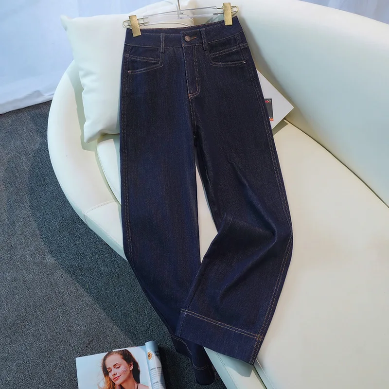 

Темно-синие прямые джинсы для женщин, летние тонкие утягивающие модные брюки с высокой талией и девятью точками