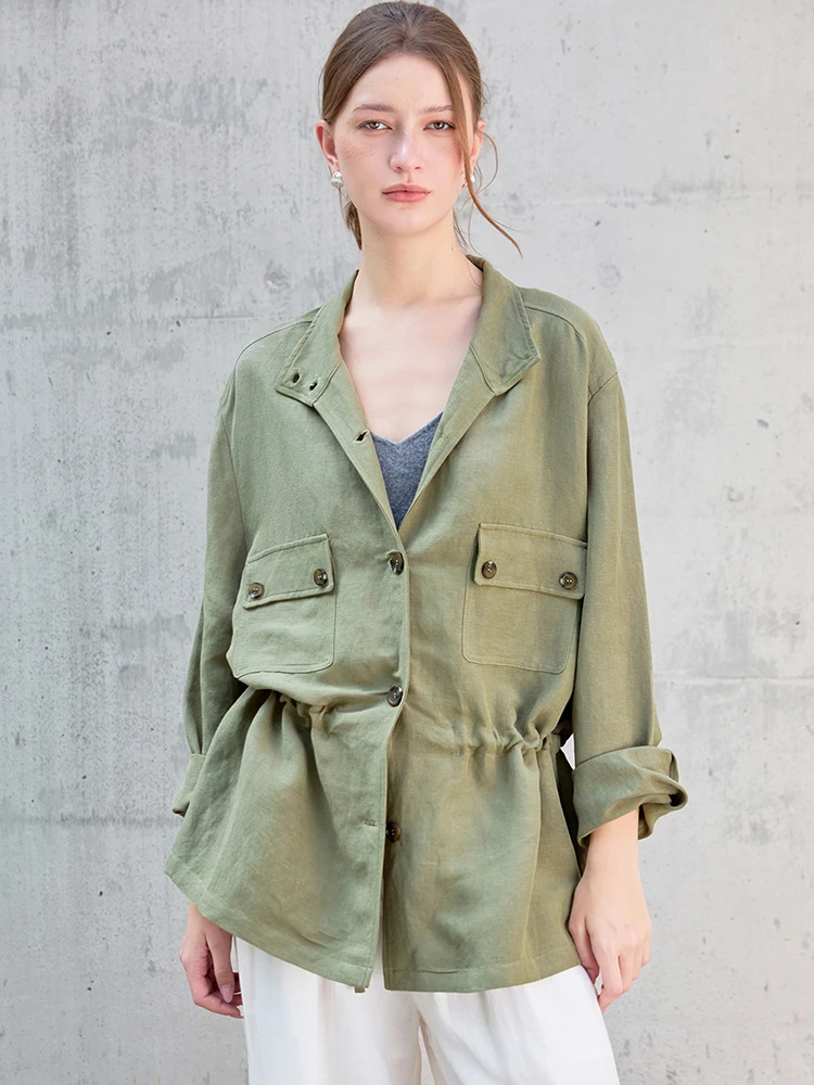 

Women Long Sleeve Linen Coats New Arrival 2026 Spring Simple Style Double Pockets Loose Comfortable Female Casual Jackets M2533