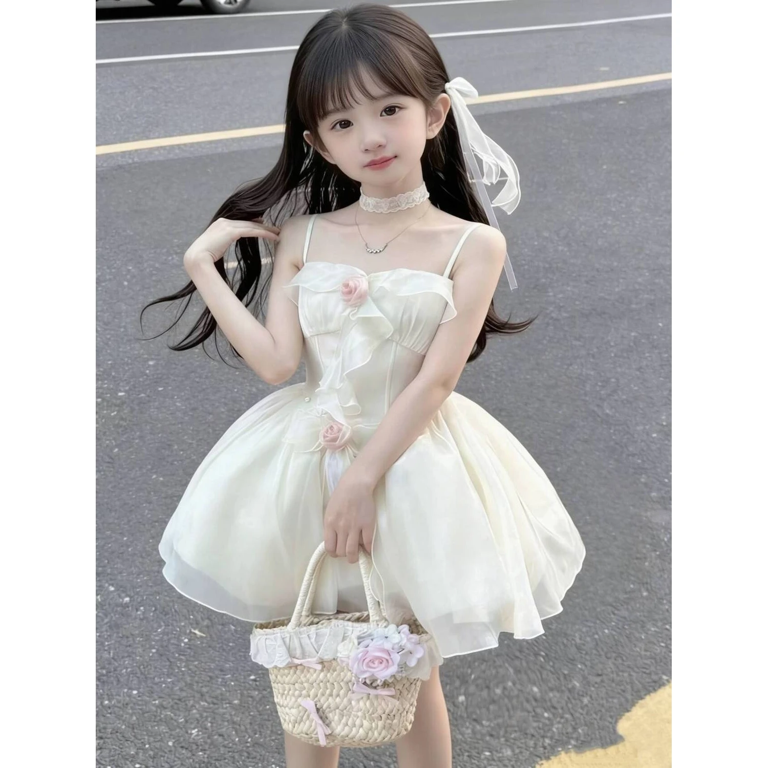 Vestido de Verão para Meninas, Estilo Princesa, com Saia de Renda, Sem Mangas, Decote em U, para Apresentações e Aniversários...