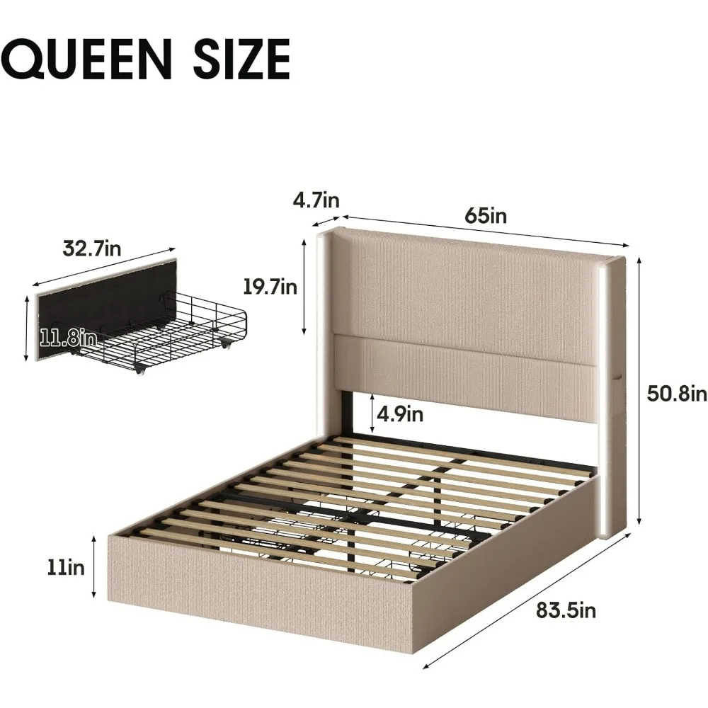 Queen Size Bed Frame with 4 Storage Drawers and LED Lights,Upholstered Queen Bed Frame with Headboard and Charging Station