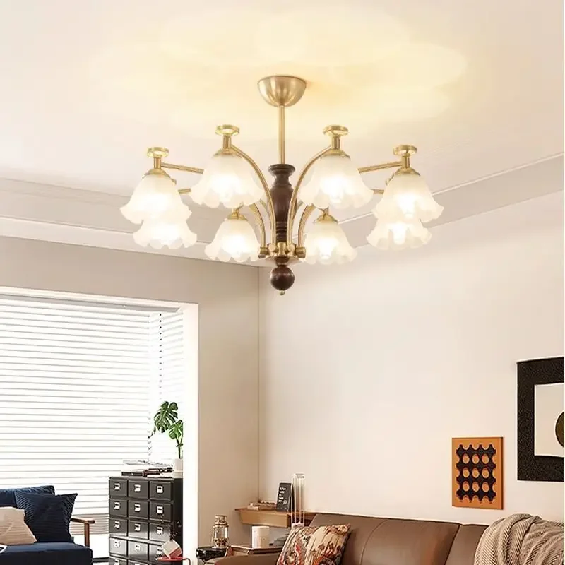 French retro medieval lily of the valley chandelier, American pastoral living room warm bedroom eye protection solid wood lamps