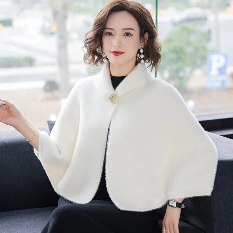 

Fashion Elegant Small Lapel Faux Mink Wool Cape Rhinestone Buckle Short Coat Women Party Wedding Dress Poncho Fall Winter Shawl
