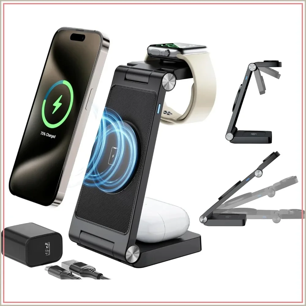 

3 in 1 Magnetic Wireless Charging Station Fast Charging for iPhone 16 15 14 13 12 Pro Max Plus Apple Watch AirPods Pro Black