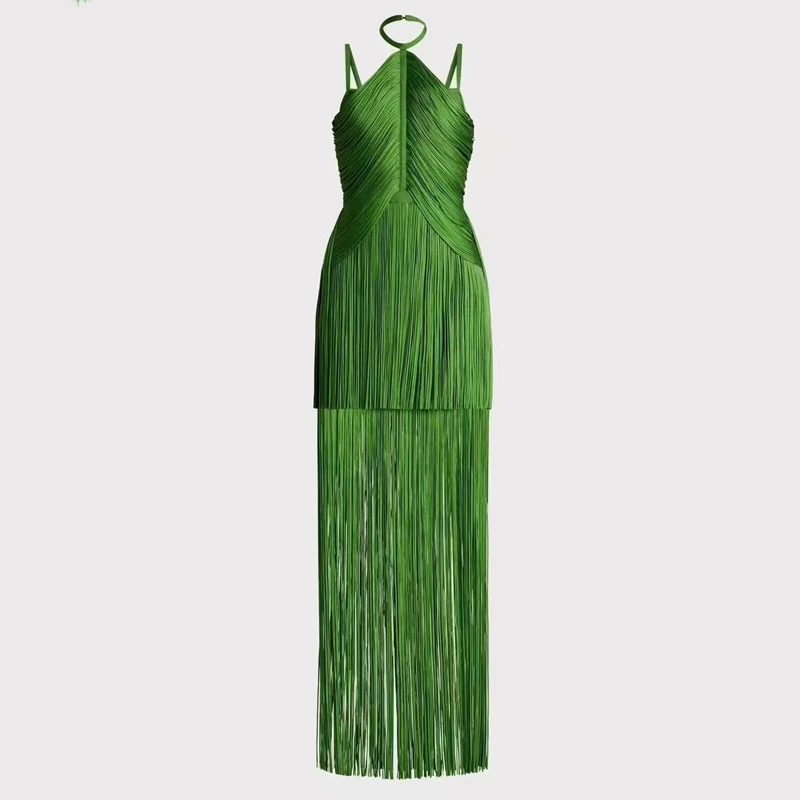 MSMUSI 2024 New Fashion Women Sexy Strap Halter Tassels Sleeveless Bandage Bodycon Party Club Event Slim Maxi Dress Long Gown