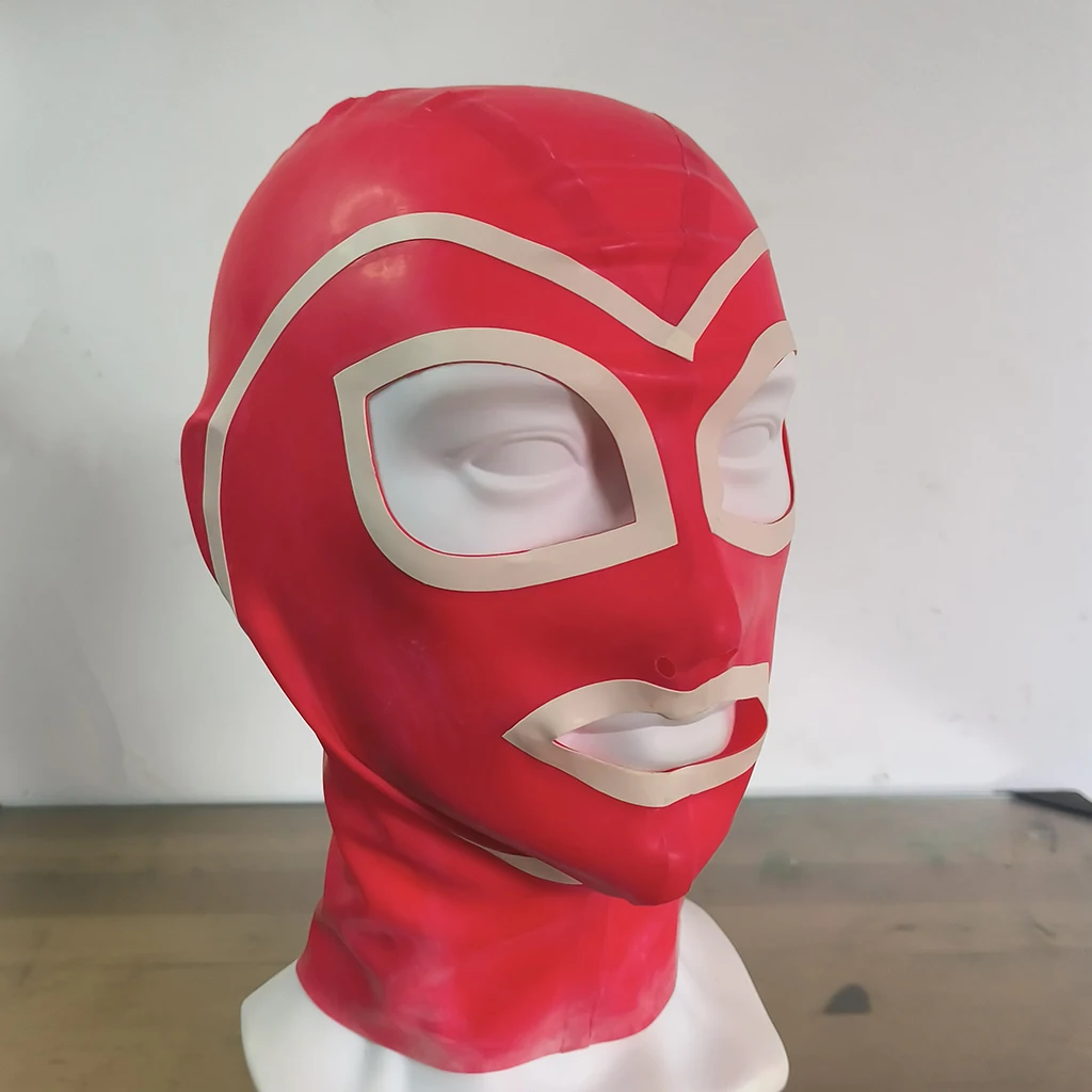 Customizable Red And White Two-Color Stitching Latex Hooded Mask Handmade Unique Design Breathable Face Mask