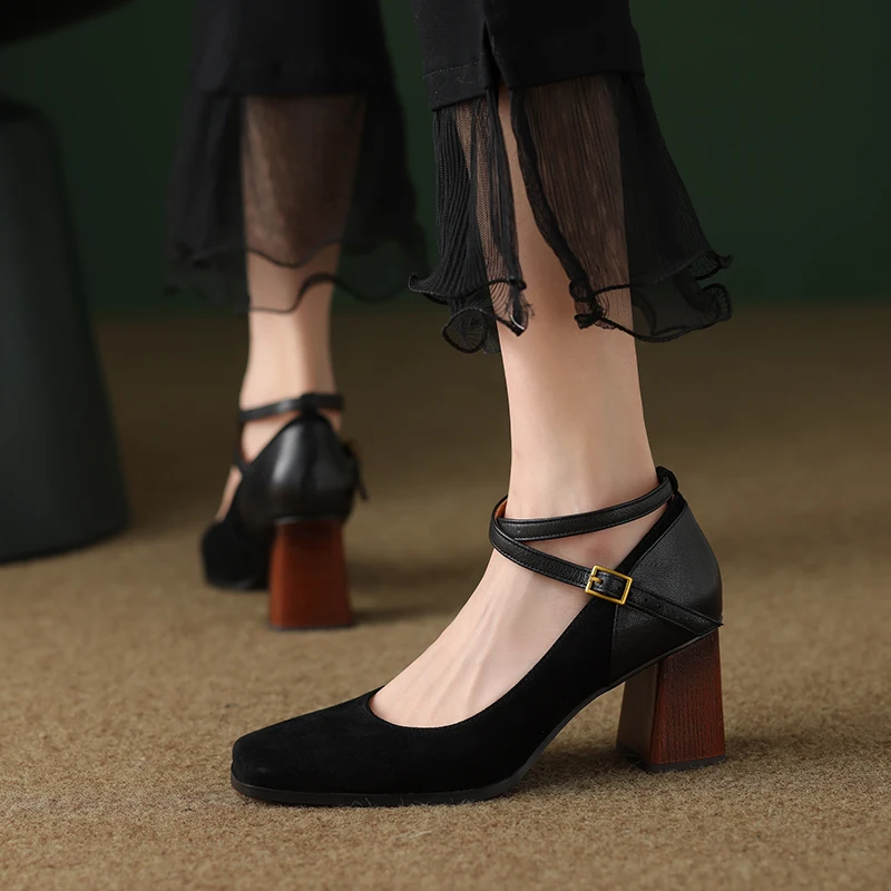 2023 Spring Summer Elegant Fashion Women Pumps Suede Genuine Leather Square Toe High Heels Party Prom Ankle Strap Shoes Woman