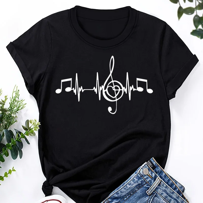Music Note Printed Women's Fashion Top Women Casual Daily Summer Short Sleeve Crew Neck Street Harajuku Breathable Y2k Women Tee