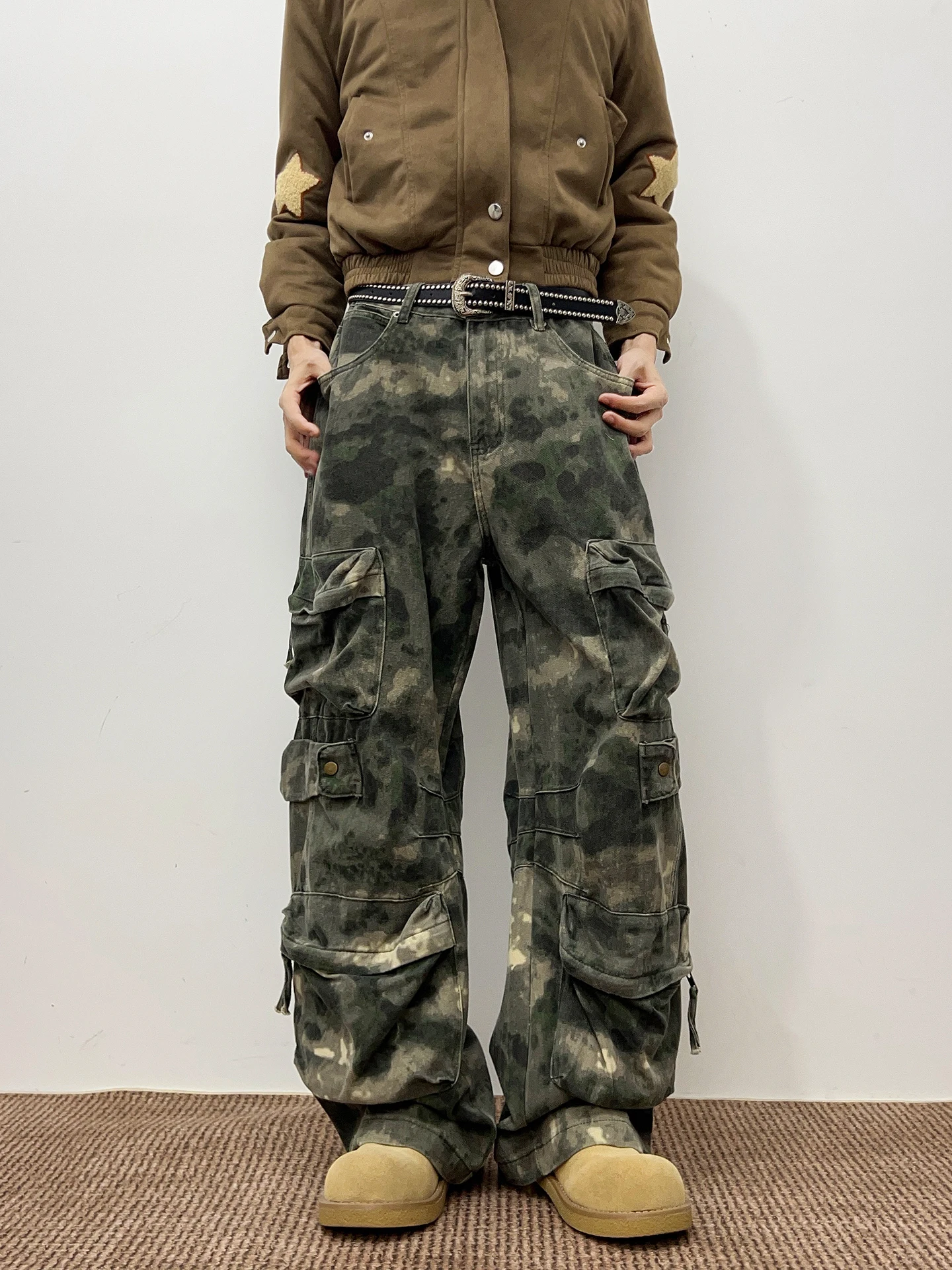 Men's Camouflage Workwear Jeans Dyeing Bomb Straight Leg Multi-Pocket Loose Wide Leg Pants Street Style Autumn Fashion