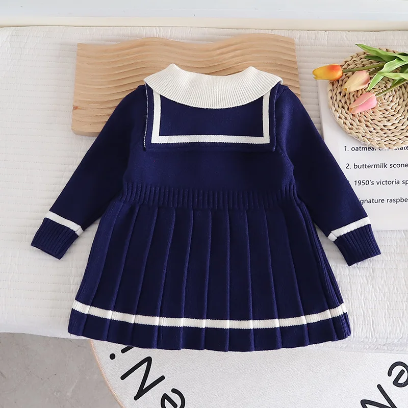 Girls\' Fashion Navy Collar Sweater Dress Autumn Baby Girls\' Knitwear Korean Style Long Sleeve Pleated Dress Kids Cotton Clothing