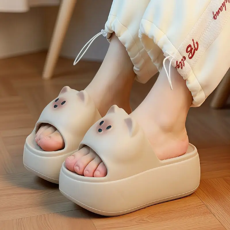 Girls home flat elevator shoes 2026 New chunky platform cat slippers lightweight non-slip thick bottom eva clould slippers