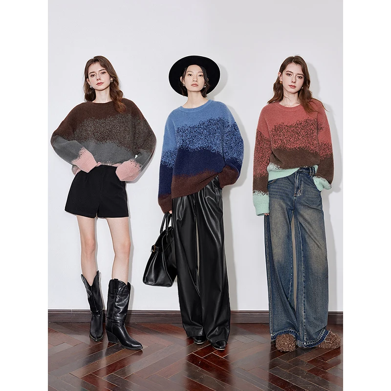 TOYOUTH Women Sweater 2024 Autumn Winter New Gradient Round Neck Long Sleeve Woolen Knitted Pullover Tops