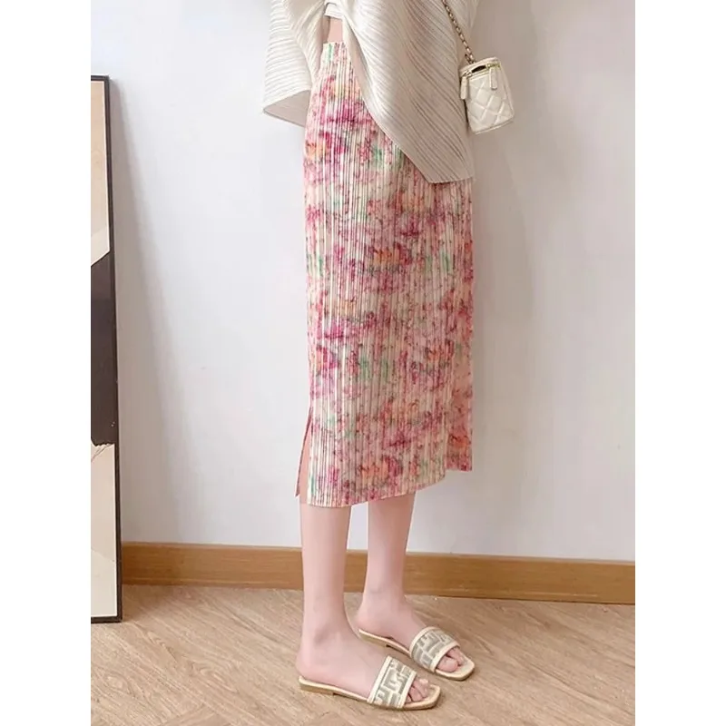 

Women's Floral Print Pleated Midi Skirt High Waist Side Slit A-line Skirt