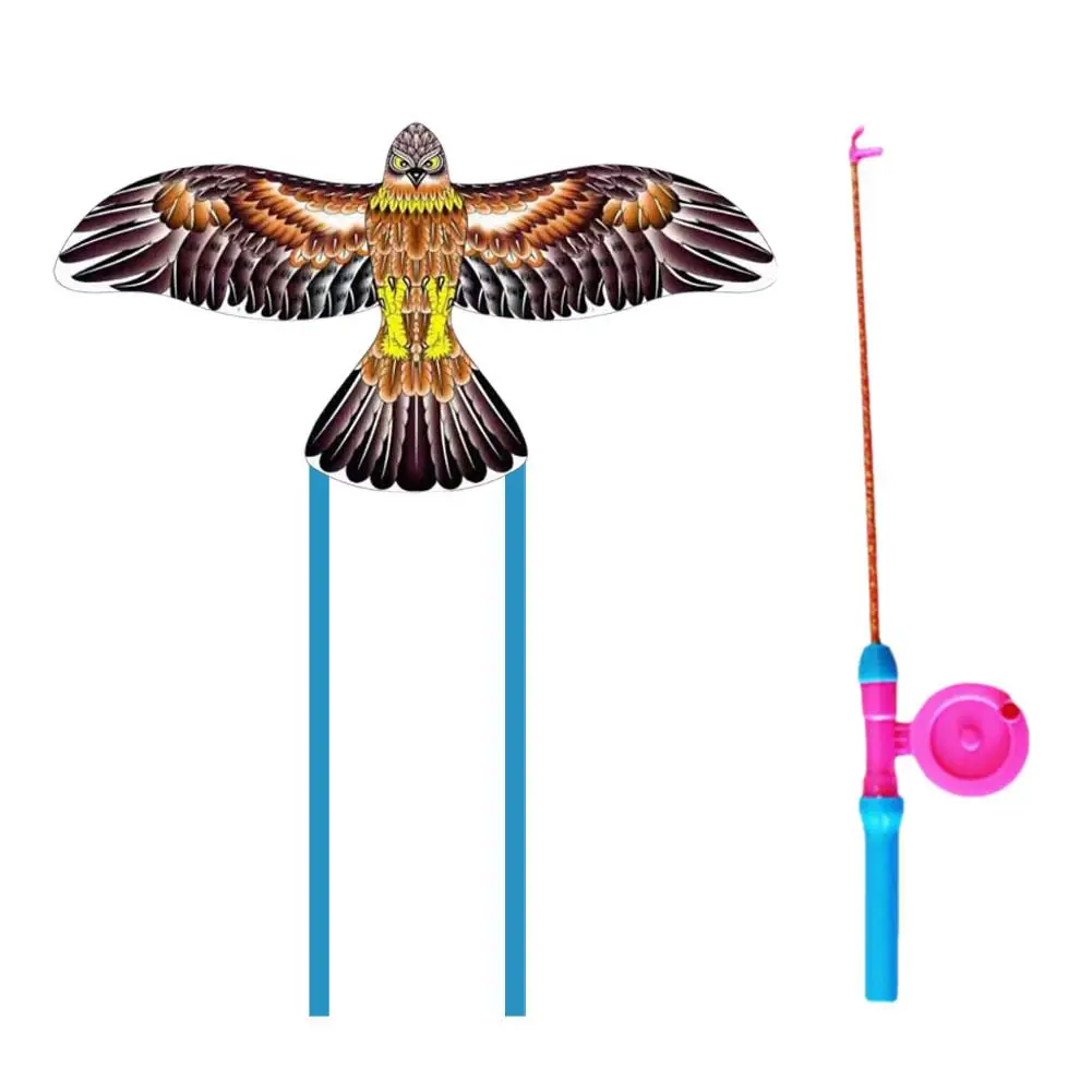 Cartoon Children Kite Flying Toys + 50cm Hand Brake Fishing Rod Line Large Parrot Eagle Butterfly Swallow Goldfish Kite For M7F1