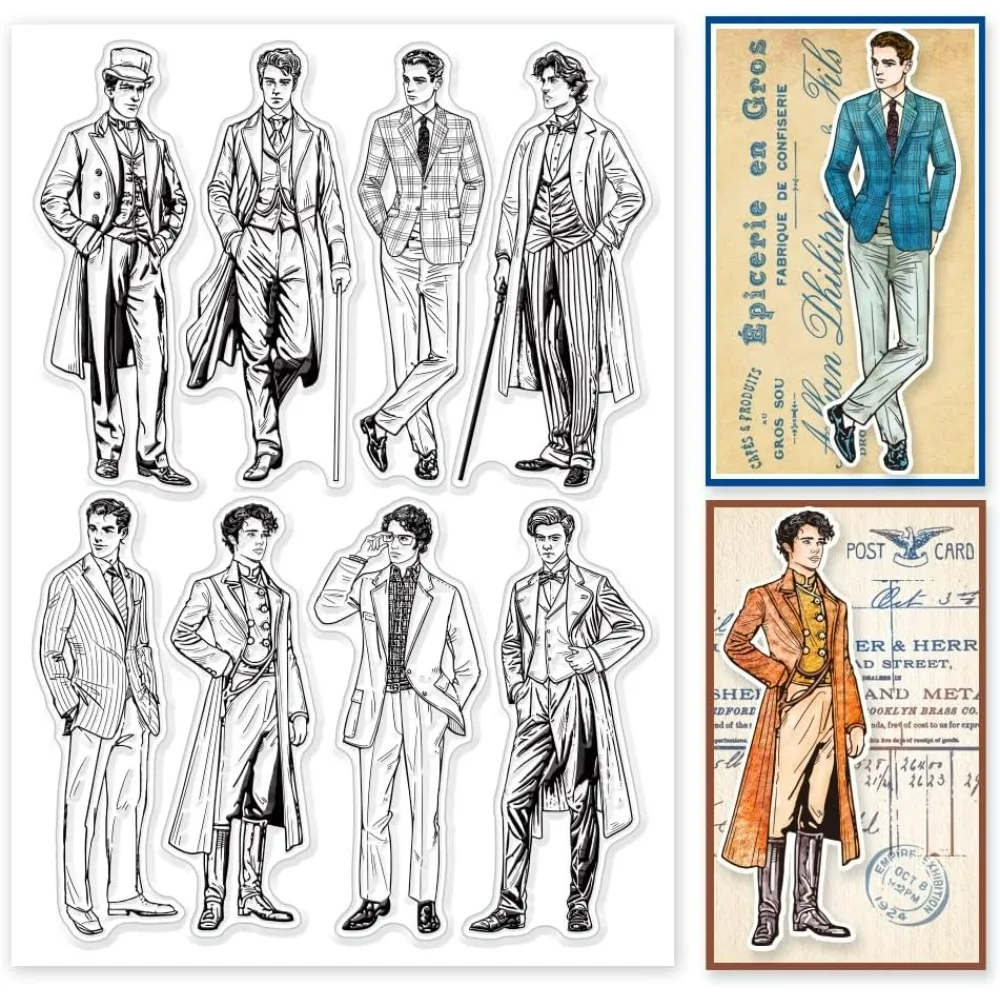 Vintage Gentleman Clear Stamps for Cards Making Retro Man Clear Stamp Seals 5.83x8.27inch Transparent Stamps