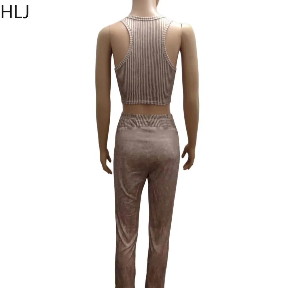 HLJ Ribbing Women Tracksuit Round Neck Solid Color Sleeveless Tank Top and Leggings Fitness Two Pieces Pants Set Street Outfits