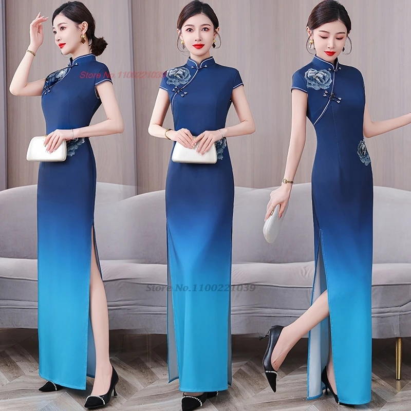 

2025 chinese vintage dress improved cheongsam flower embroidery gradient color qipao performance qipao banquet evening dress