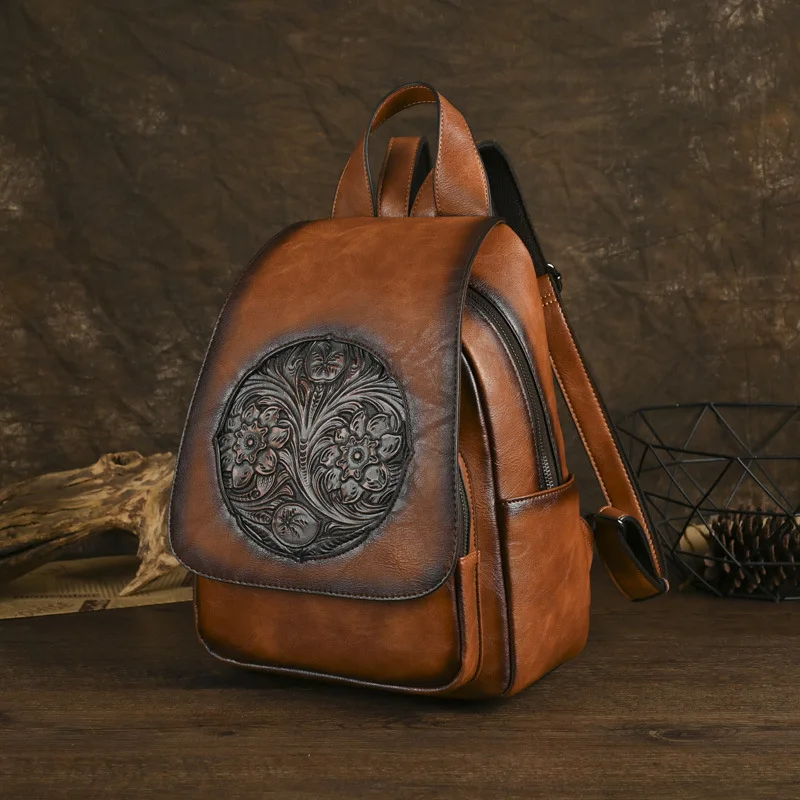 Vintage Women Leather Backpack Fasion Ladies PU Double Shoulder Bag 3D Floral Female Travel School Bags