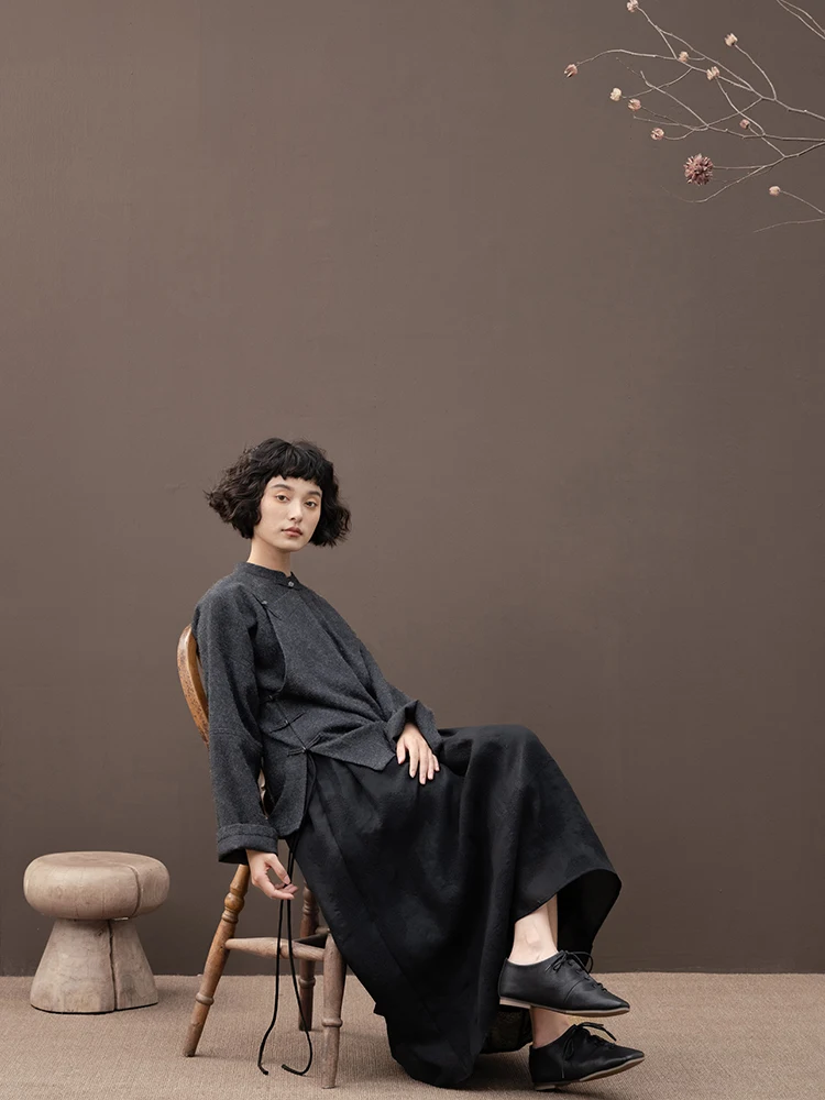 

New Le Collection Mixed Wool Long irt Button up Bla ey Tee Season Chinese Sle Loose Fit Women's Faion Autumn 2023