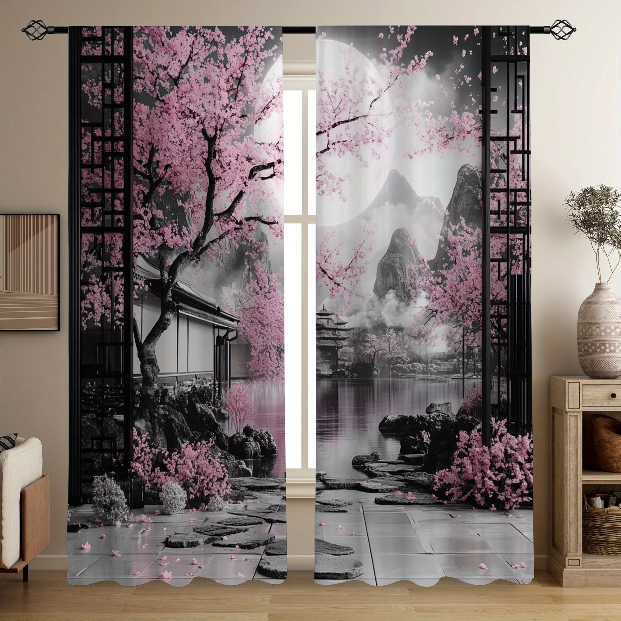 Luxury Japanese Sakura Blossom Print Curtains Window Panels Zen Garden Asian Style Home Decor Sliding Room Window Curtains