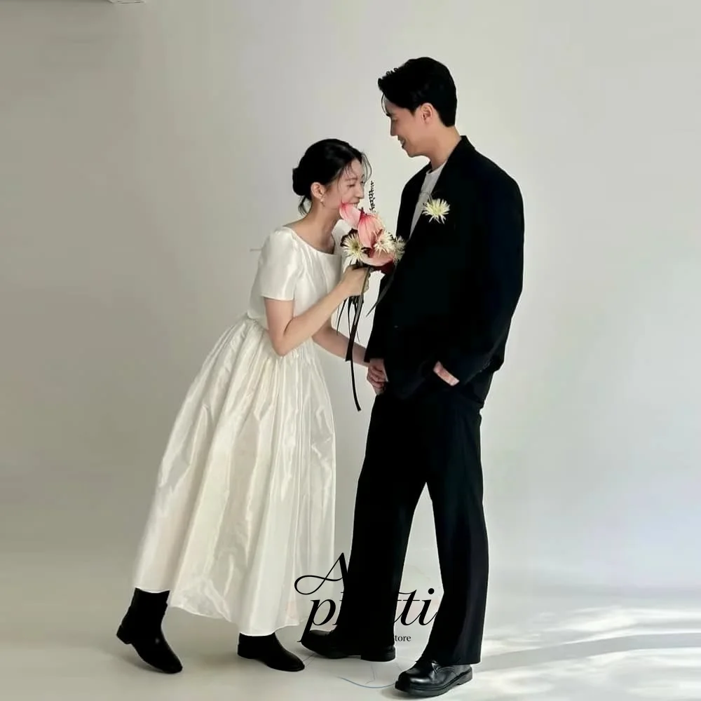 AP pretti Simple Taffeta Korea Wedding Dresses Photo Shoot O-Neck Regular Sleeve Bridal Gown A-line Customized 웨딩드레스 Tea-Length