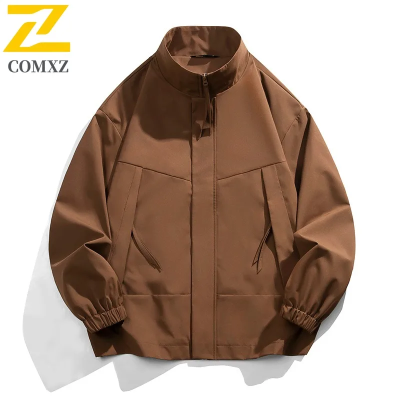 COMXZ 2025 Mens American Streetwear Stand Collar Workwear Jacket Casual Coat