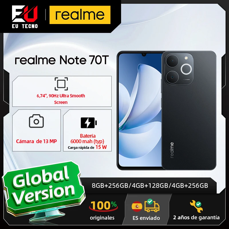 الإصدار العالمي للهاتف الذكي Realme Note 70T بشاشة 6.75 بوصة 90 هرتز وبطارية 6000 مللي أمبير في الساعة وكاميرا Al بدقة 13 ميجابكسل وشرائح ثماني النواة IP54