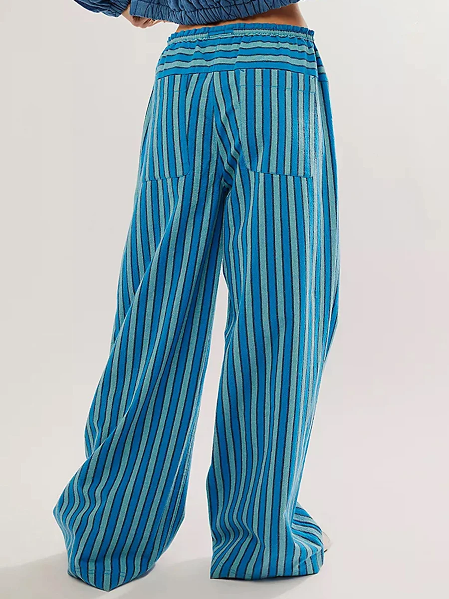 New Fashion Women Baggy Pants Drawstring Waist Wide Leg Striped Pants Multiple Pockets Trousers Skin Friendly Hot Sale S M L