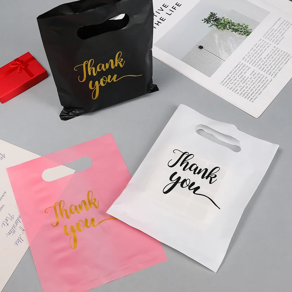 50 Stück faltbare Einkaufstaschen aus PE mit Dankeschön-Aufdruck, wiederverwendbare Plastiktaschen für Geschenke, Schmuck, kleine Accessoires, Verpackung – Detail 3