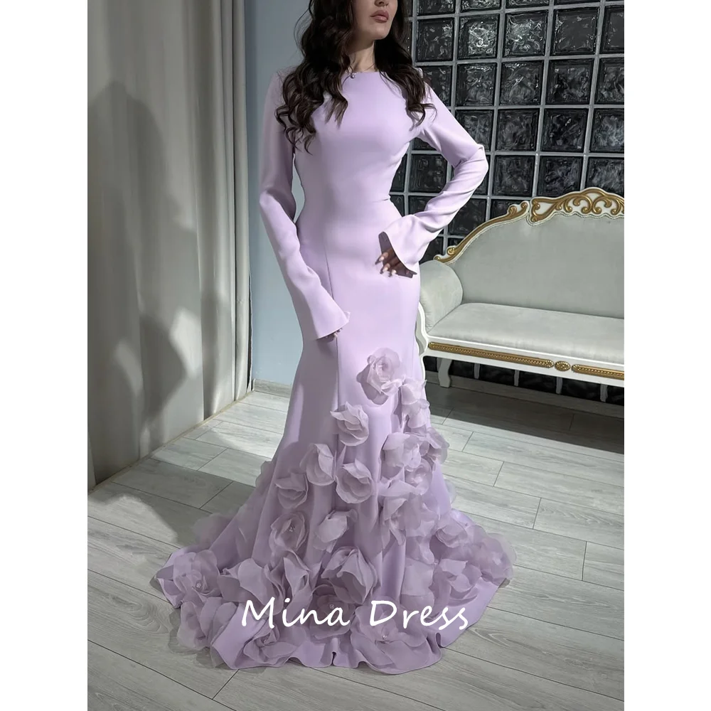 

Mina Custom Floral Arabian Evening Dress Luxury Elegant Party Dress Women's Round Neck Formal Occasion Dress Long Sleeve