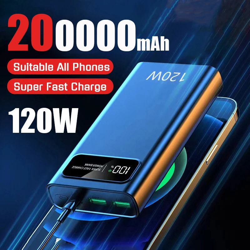 200000 Banco de energía de carga rápida mAh 120W, batería externa portátil con pantalla Digital de gran capacidad para Xiaomi, iPhone y Samsung