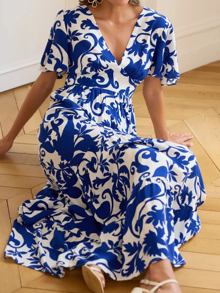 

Short Flare Sleeve Loose Patchwork Maxi Dress, Women Summer V Neck Casual Party Dress, 2025 Holiday Simple Ladies Dress Vestidos