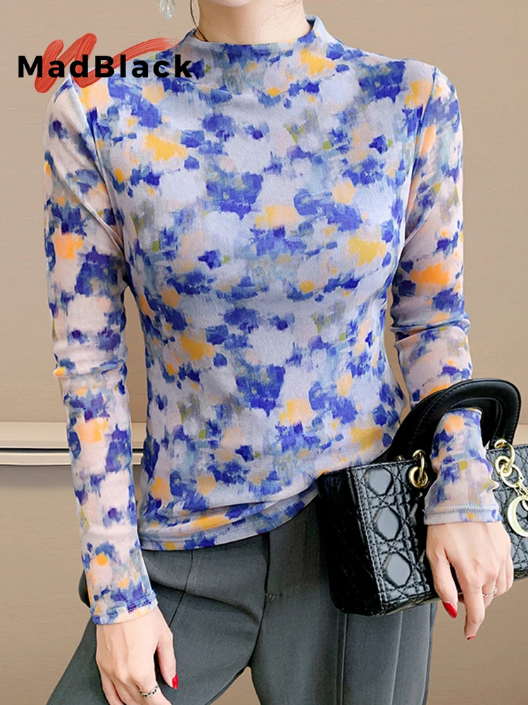 

MadBlack-Women European T-Shirt, Sexy Turtleneck Printed, Fashion Long Sleeve Slim Mesh S-3XL Knit Tee, 2025 Autumn New T59117CC