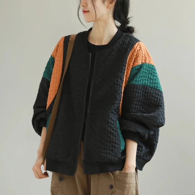 Color Blocking Patchwork Jacket for Women\'s Clothing in the Spring Autumn of 2025 Loose Casual Style With Zipper Jacket Cardigan