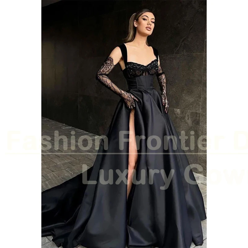 Luxury Black Evening Dresses for Women Fashion Lace Sleeveless Side Split Gown Without Gloves  Customized Chapel Train Dress