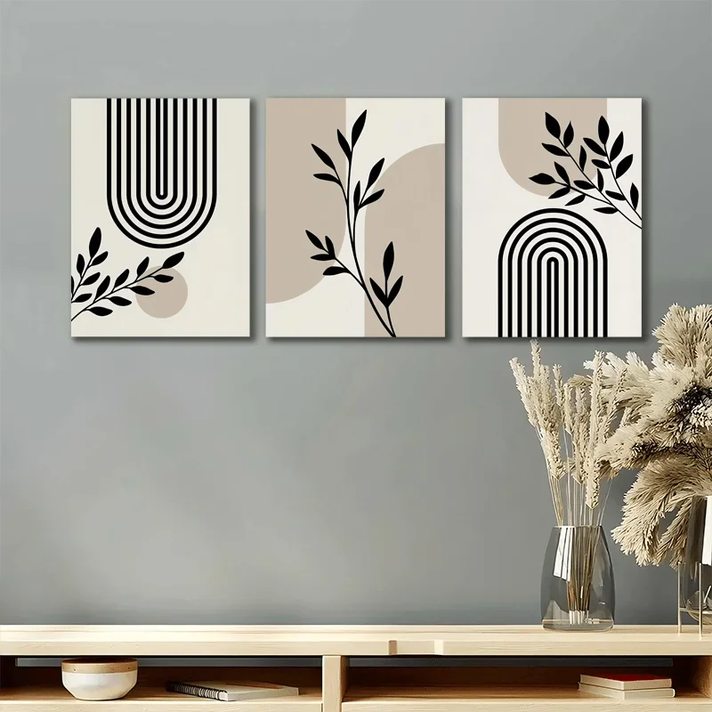 2D Flat, Wall Décor 2D Flat. A Set of Three Wood-framed Canvas Art Paintings Featuring Neutral Beige Botanical Designs, Perfe