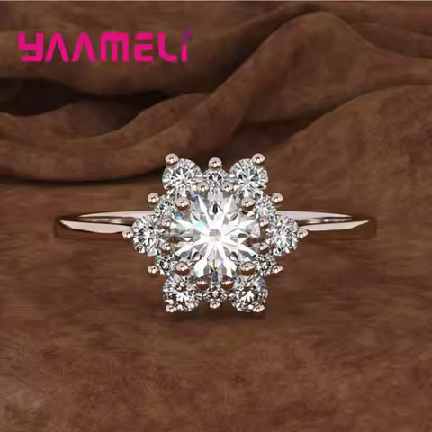 S925 Sterling Silver Snowflake Flowers Ring Transparant Clear Cubic Zirconia Micro Inlay New Fashion Women's Jewelry