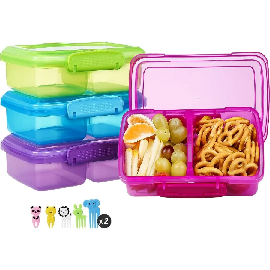 

4 Pack Plastic Snack Containers with Lids 2 Compartment Food Container for Snack Box Travel Bento Lunch Containers with forks f