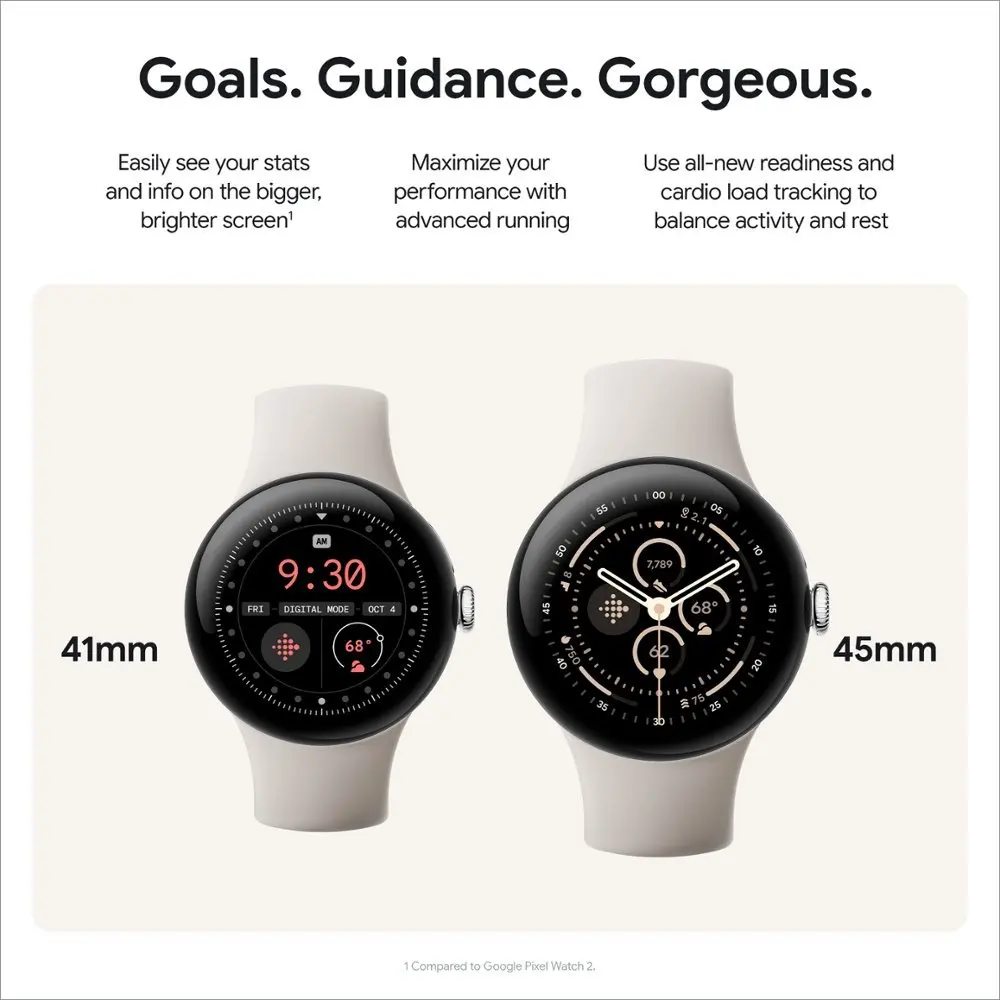 ساعة Google Pixel Watch 3 (41 و45 ملم)، إصدار Wi-Fi/LTE، Qualcomm SW5100، Wear OS 5.0، 2 جيجابايت من ذاكرة الوصول العشوائي، 32 جيجابايت من ذاكرة فلاش eMMC.
