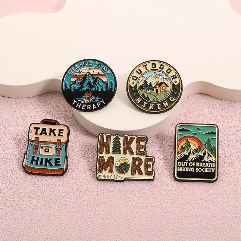 Hiking Adventure Enamel Brooch Backpack Mountain Landscape Cartoon Pin for Outdoor Enthusiasts Gift Nature Trekking Decoration